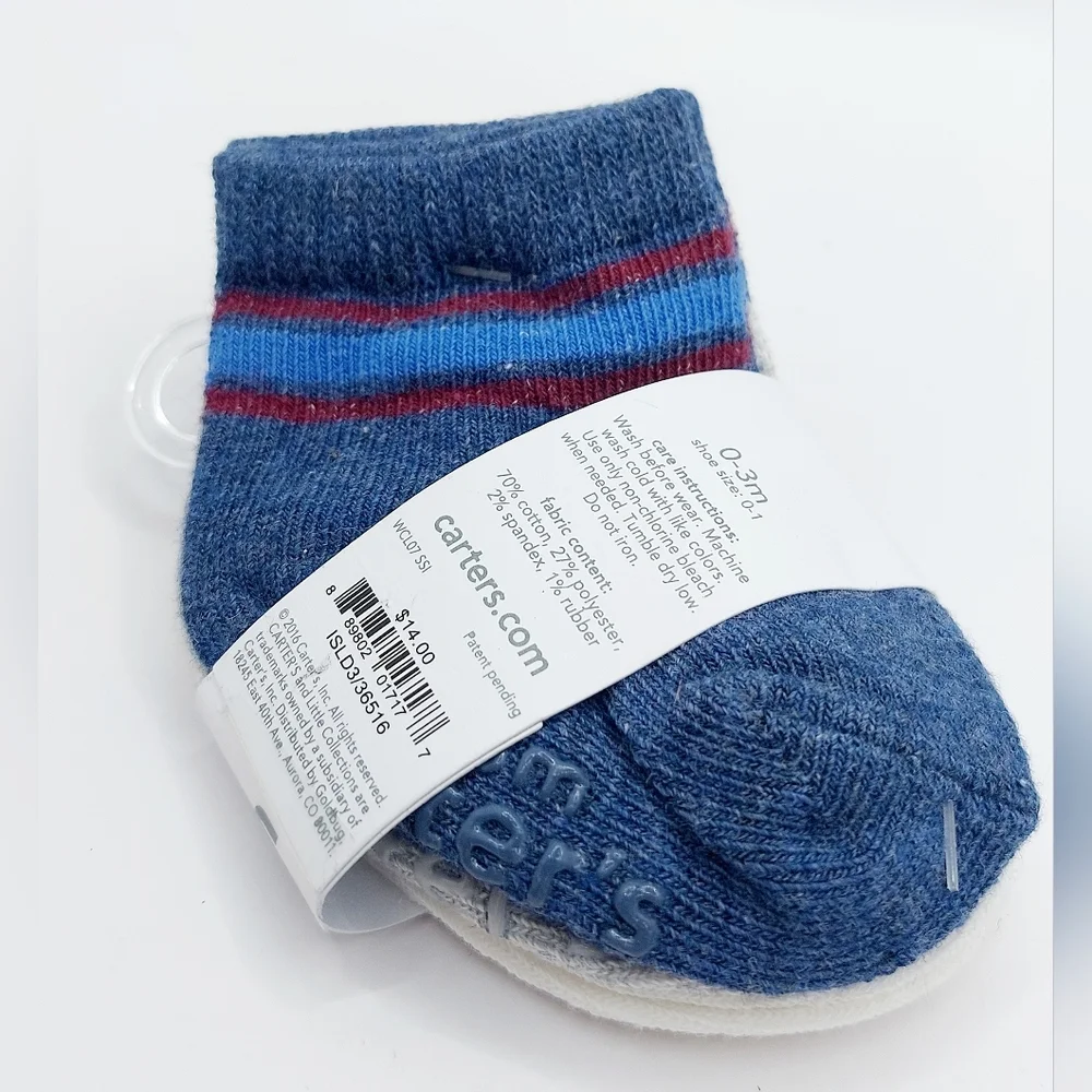 Carter's 3 pack grippy foot baby‎ socks 0-3 months white, gray, blue
